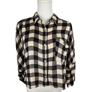 POL Crop Shirt Large Black Cream Plaid Flannel Button-Up Gorpcore Cabincore